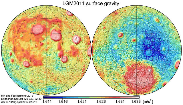 Map of gravity acceleration values over the entire surface of Earth's Moon.  Lunar Gravity Model 2011
