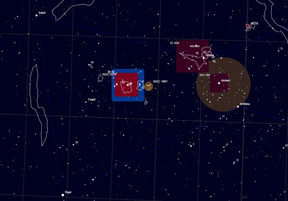 Sky Chart - Lower Orion with nebula and open star clusters