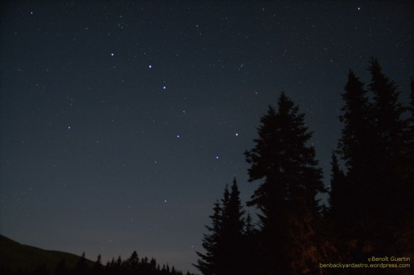 Ursa Major (Big Dipper) low in the sky in late summer around 11pm