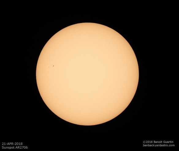 Sun with sunspot AR2706 (21-apr-2018). Benoit Guertin