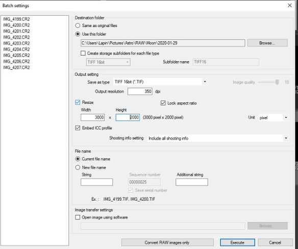 DPP4 - Batch process window : Saving as .TIF and Resizing the images