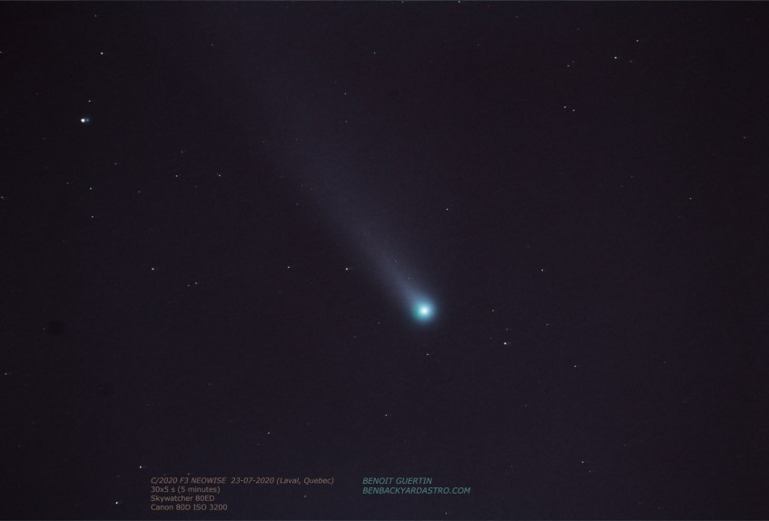 C/2020 F3 NEOWISE taken with Skywatcher 80ED telescope, July 23, 2020 (Benoit Guertin)