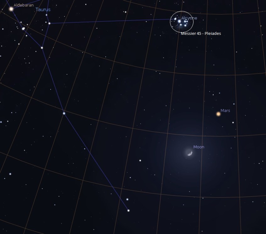 Crescent Moon, Mars and M45 Pleiades on 18-FEB-2021
